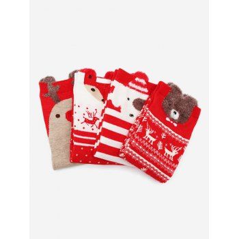 

4 Pairs Animal Pattern Cotton Tube Socks Set, Red