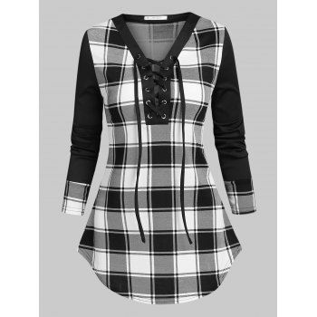 

Plaid Print Lace-up Long Sleeve T-shirt, Black