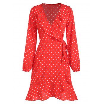 

Polka Dot Ruffle Wrap Dress, Red