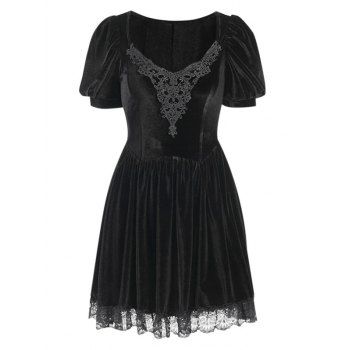 

Guipure Lace Panel Velvet Puff Sleeve Dress, Black