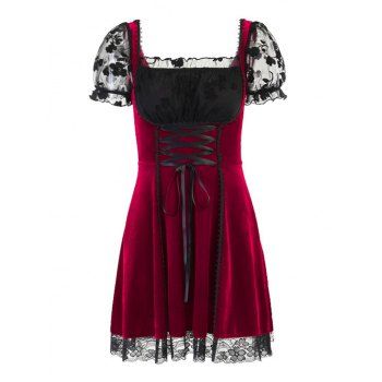 

Mesh Flocked Puff Sleeve Velour Lace Up Dress, Multicolor
