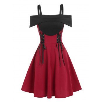 

Lace Up Corset Style Cold Shoulder Plaid Dress, Red