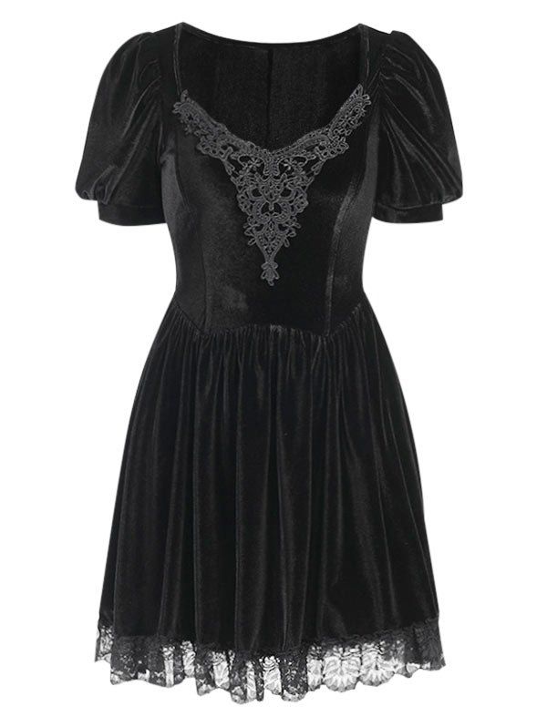 Guipure Lace Panel Velvet Puff Sleeve Dress - BLACK M