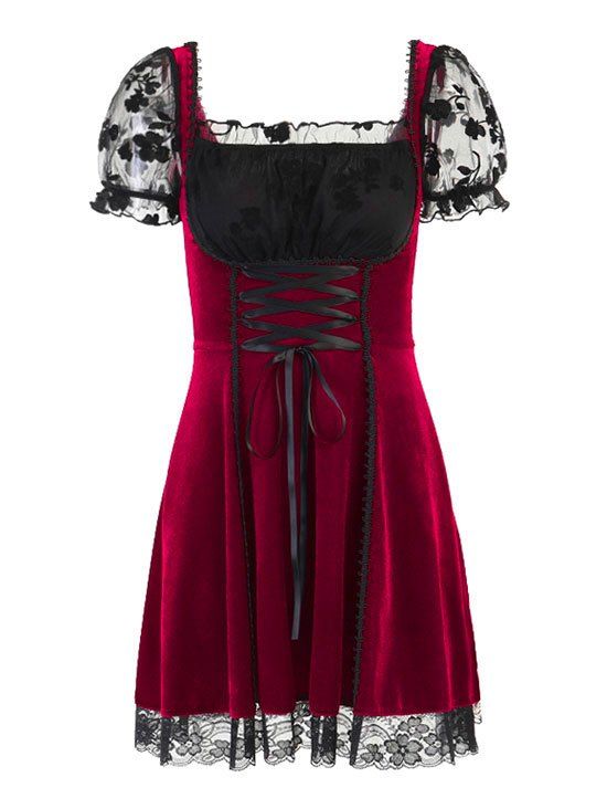 Mesh Flocked Corset Style Puff Sleeve Velour Lace Up Dress - multicolor L