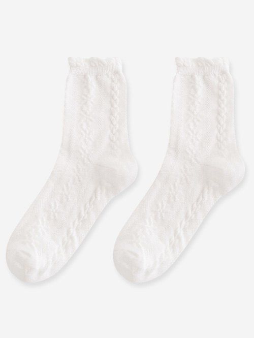 5 Paires de Chaussettes à Bordure Festonnée Motif Floral - Blanc 