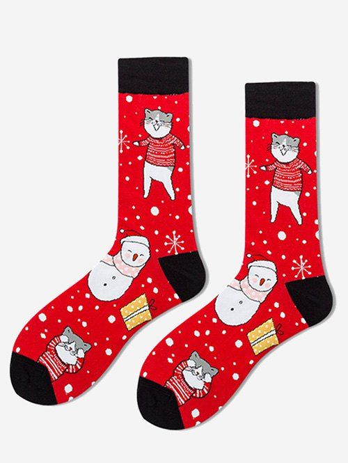 Pair of Christmas Snowmen Cats Pattern Crew Socks - VALENTINE RED 