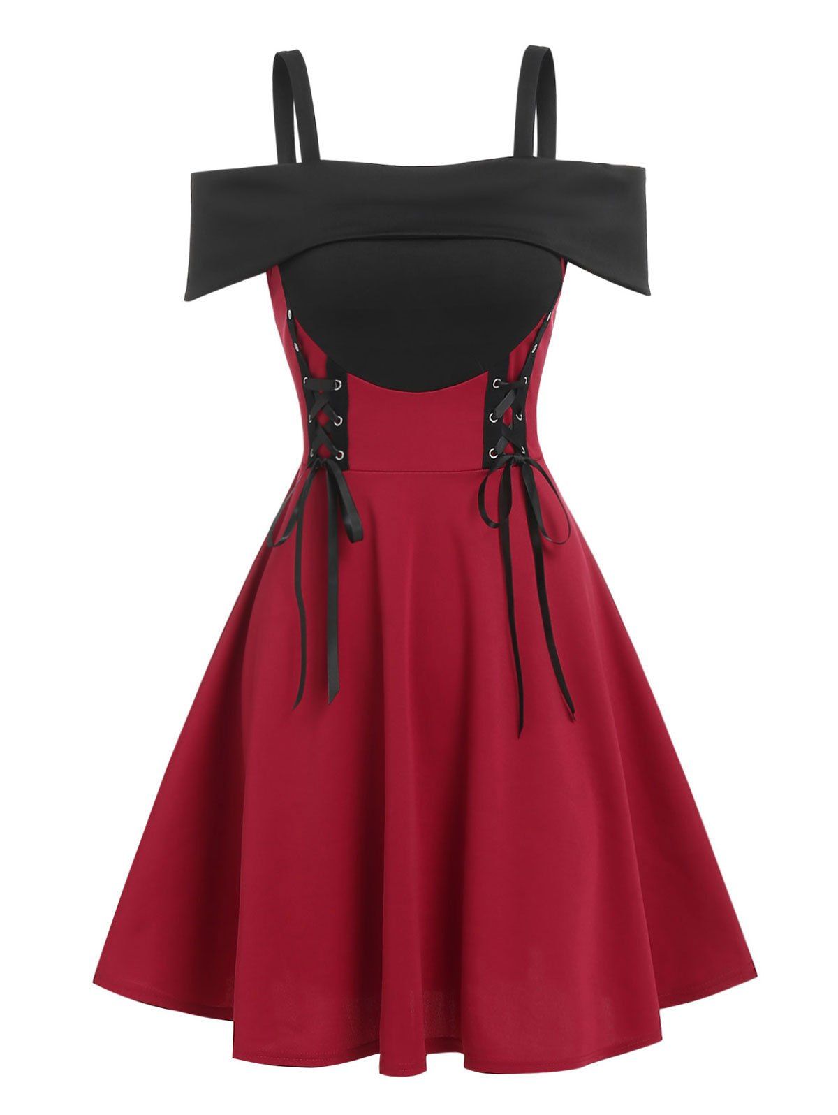 Plaid Cold Shoulder Lace Up Dress - RED S