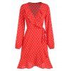 Polka Dot Ruffle Wrap Dress - RED S