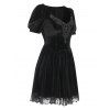 Guipure Lace Panel Velvet Puff Sleeve Dress - BLACK M