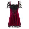 Mesh Flocked Corset Style Puff Sleeve Velour Lace Up Dress - multicolor L