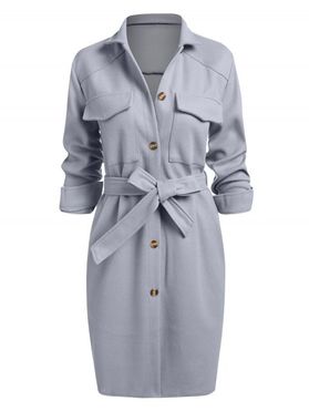 Double Pockets Button Up Belted Coat