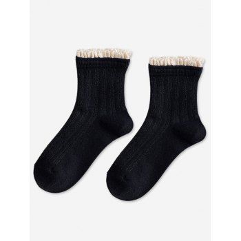 

Preppy Style Ruffle Edge Ribbed Quarter Socks, Black