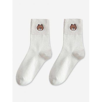 

Embroidery Bear Pattern Crew Socks, White