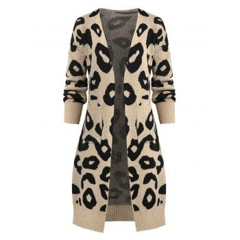 

Leopard Pocket Open Front Longline Cardigan, Light coffee