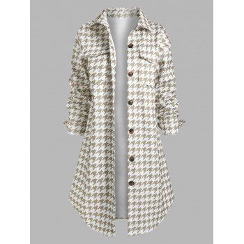 

Button Up Houndstooth Print Double Pockets Coat, Light coffee