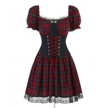 

Lace Up Puff Sleeve Plaid Gothic Dress, Deep red