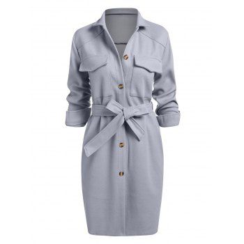 

Double Pockets Button Up Belted Coat, Gray