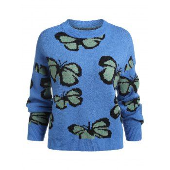 

Loose Crew Neck Butterfly Pattern Sweater, Blue