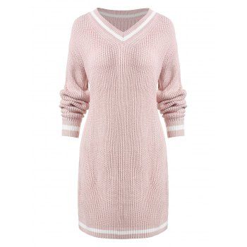 

V Neck Side Stripes Sweater Dress, Light pink