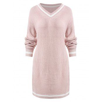 V Neck Side Stripes Sweater Dress, Light pink