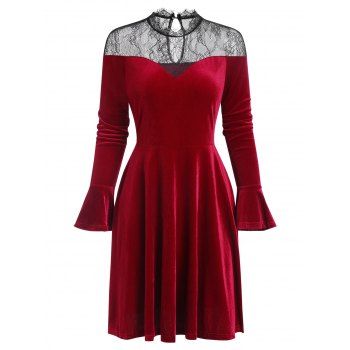 

Lace Insert Velour Flare Sleeve Dress, Red