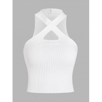 

Crossover Front Ribbed Knit Racerback Tank Top, White