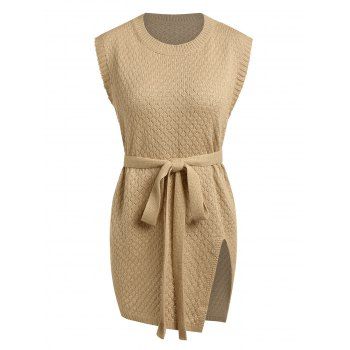 

Slit Front Belted Jacquard Sweater Vest, Light coffee