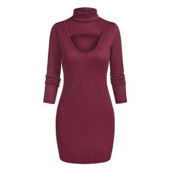 

Long Sleeve Cut Out Ribbed Bodycon Dress, Deep red