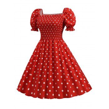 

Polka Dot Puff Sleeve Smocked Mini Dress, Red