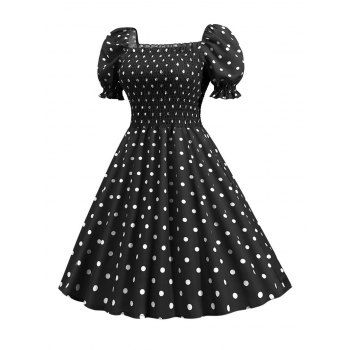 

Polka Dot Puff Sleeve Smocked Mini Dress, Black