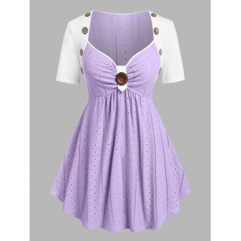 

Plus Size Broderie Anglaise Mock Button Colorblock T Shirt, Light purple