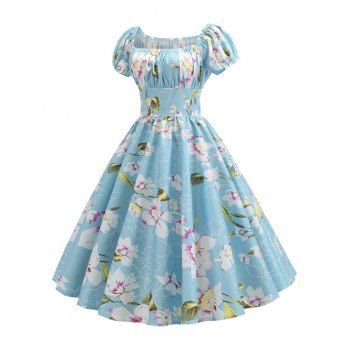 

Vintage Allover Flower Ruched Bust Puff Sleeve Fit and Flare Dress, Light blue