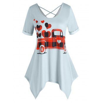 

Plus Size Heart Car Print Plaid Crisscross Handkerchief Tee, Light gray