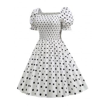 

Polka Dot Puff Sleeve Smocked Mini Dress, White