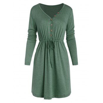 

Half Button Placket Mini Dress V Neck Drawstring Waist Long Sleeve Dress, Green