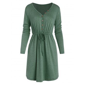 

Button Placket V Neck Drawstring Waist Dress, Green