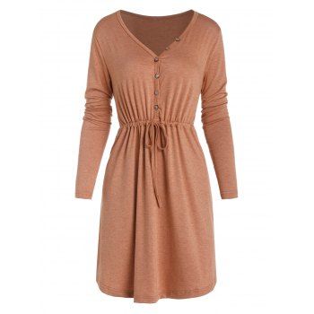 

Half Button Placket Mini Dress V Neck Drawstring Waist Long Sleeve Dress, Coffee