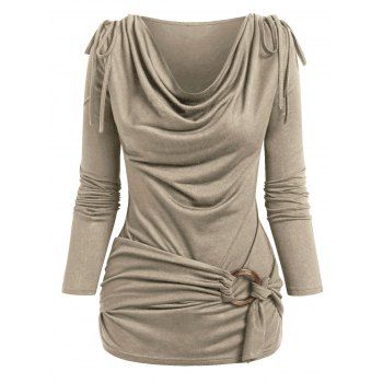 

Plain Cinched Cowl Neck Draped Long Sleeves O Ring T Shirt, Light coffee