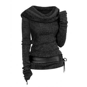 

Hooded Cowl Front Belted Lace Up Sweater, Dark gray