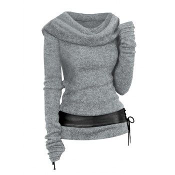 

Hooded Cowl Front Belted Lace Up Sweater, Light gray