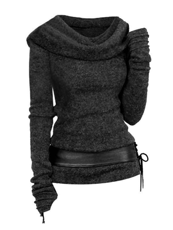 Hooded Cowl Front Belted Lace Up Sweater - DARK GRAY XXL