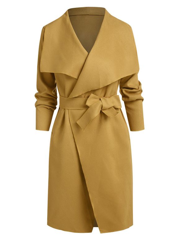 Wool Blend Belted Wrap Coat - YELLOW L