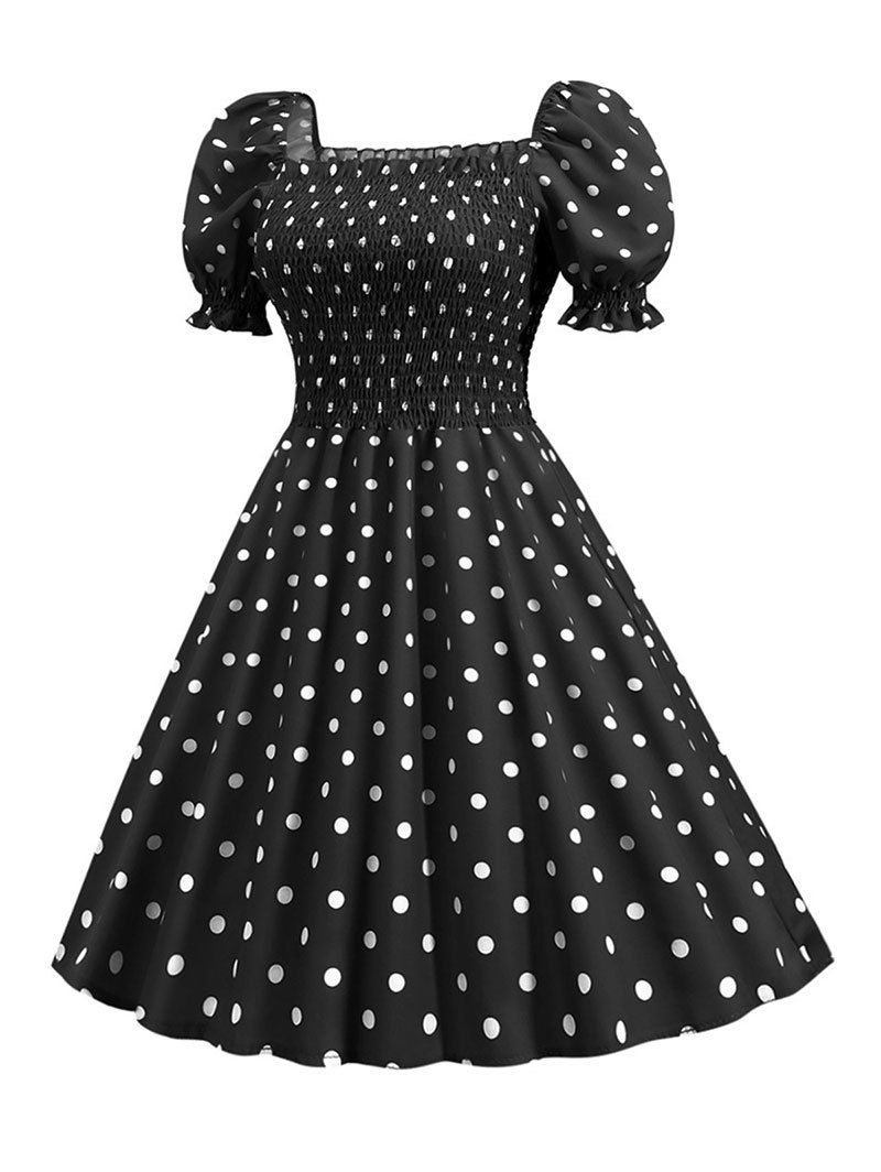 Polka Dot Puff Sleeve Smocked Mini Dress - BLACK S