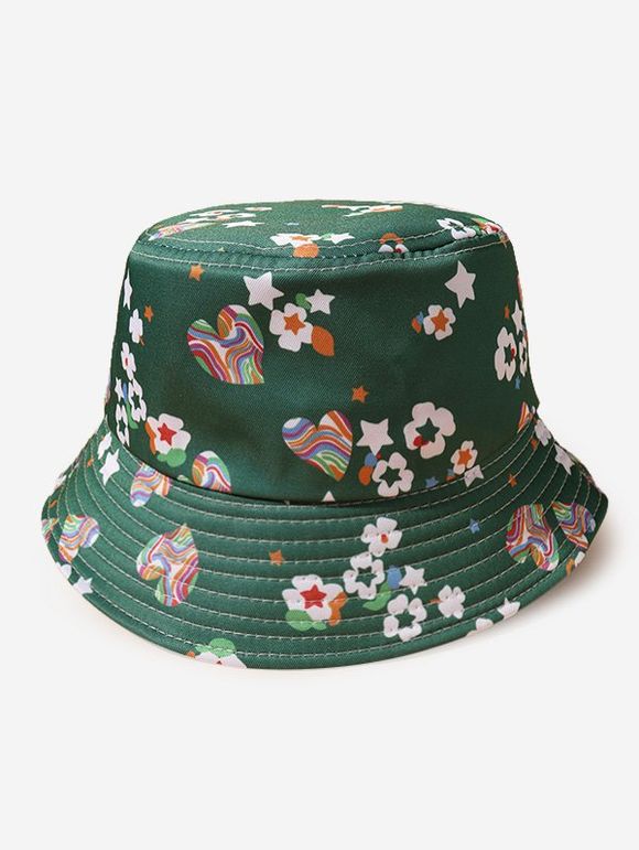 Chapeau Seau à Imprimé Etoile Fleur et Cœur - Vert 