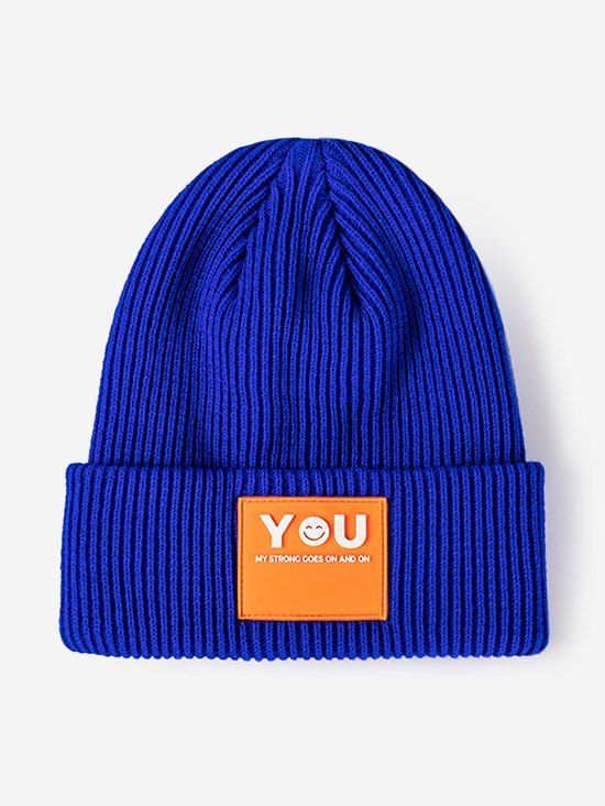 Letters Applique Ribbed Knitted Hat - BLUE 