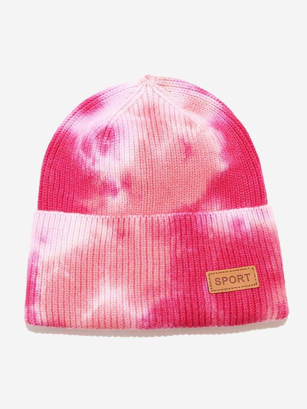 Tie-dye Pattern Applique Ribbed Knitted Hat - ROSE RED 