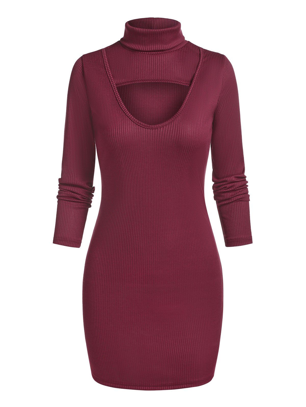 Long Sleeve Cut Out Ribbed Bodycon Dress - DEEP RED XL