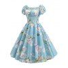 Vintage Allover Flower Ruched Bust Puff Sleeve Fit and Flare Dress - LIGHT BLUE XL
