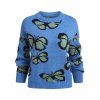 Loose Crew Neck Butterfly Pattern Sweater - BLUE M