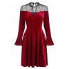 Lace Insert Velour Flare Sleeve Dress - RED S